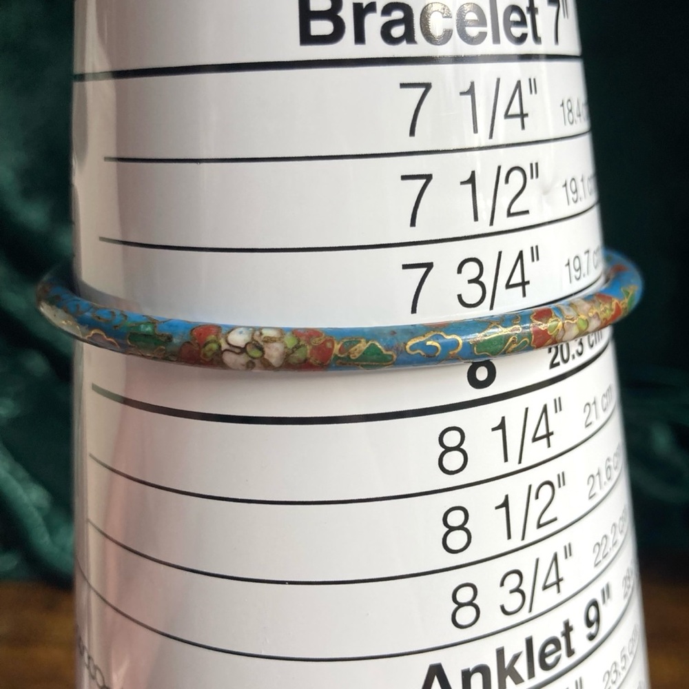 Vintage Cloisonné Bangle Bracelet Slim Blue Enamel Floral 7.5” - Picture 2 of 3